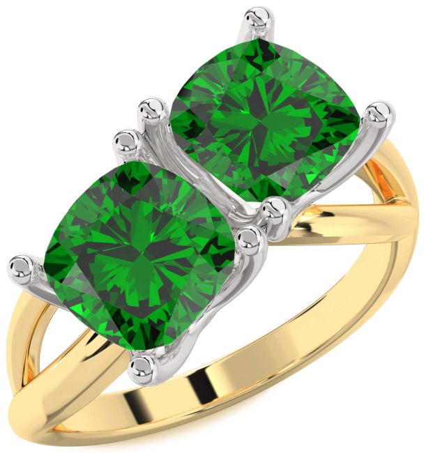 Emerald Gold Silver Cushion Two Stone Birthstone Ring