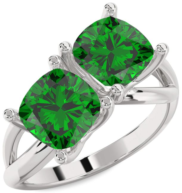 Emerald Silver Cushion Two Stone Birthstone Ring