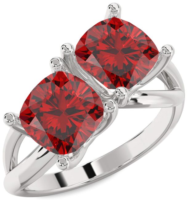 Ruby Silver Cushion Two Stone Birthstone Ring