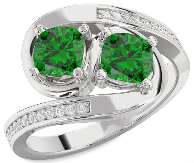 Diamond Emerald Platinum Cushion Two Stone Birthstone Ring