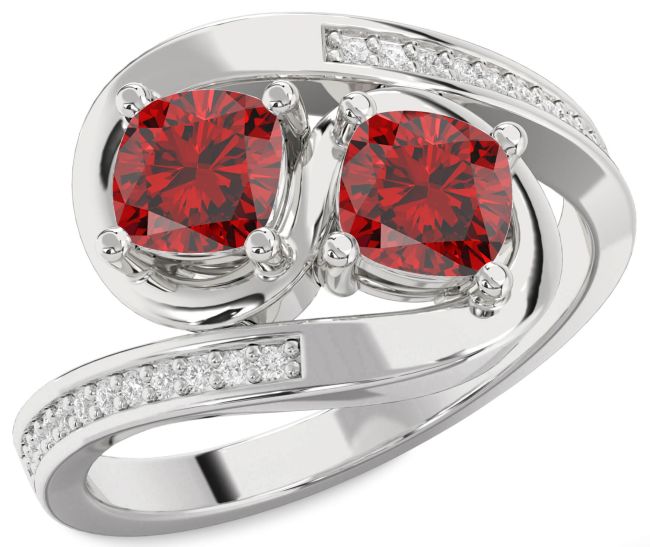 Diamond Ruby Silver Cushion Two Stone Birthstone Ring