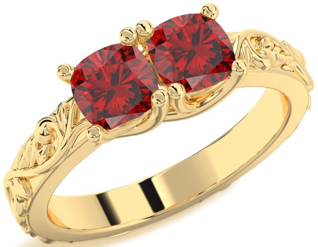 Ruby Gold Silver Cushion Two Stone Birthstone Ring
