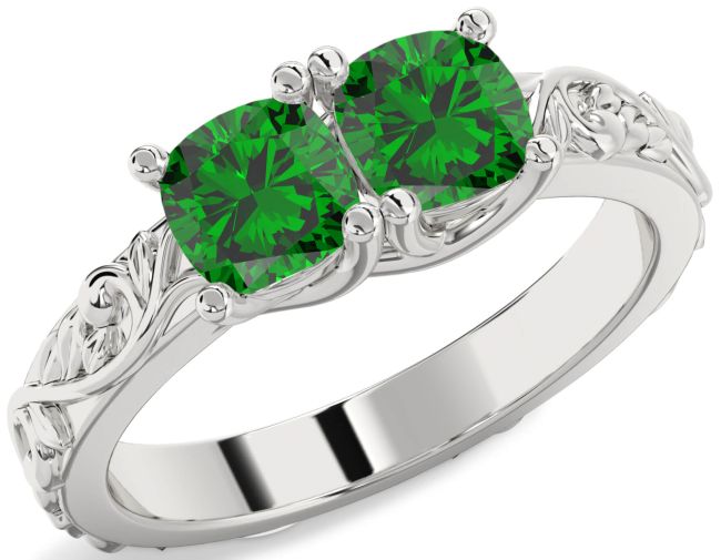 Emerald Silver Cushion Two Stone Birthstone Ring