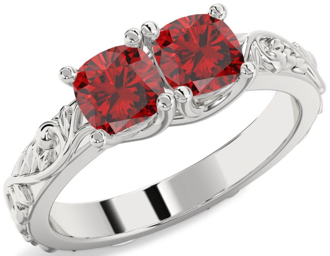 Ruby Silver Cushion Two Stone Birthstone Ring