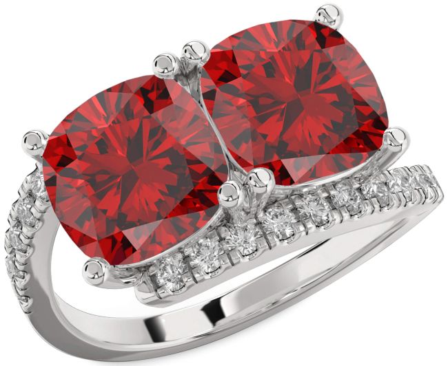 Diamond Ruby Silver Cushion Two Stone Birthstone Ring
