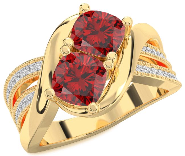 Diamond Ruby Gold Silver Cushion Two Stone Birthstone Ring