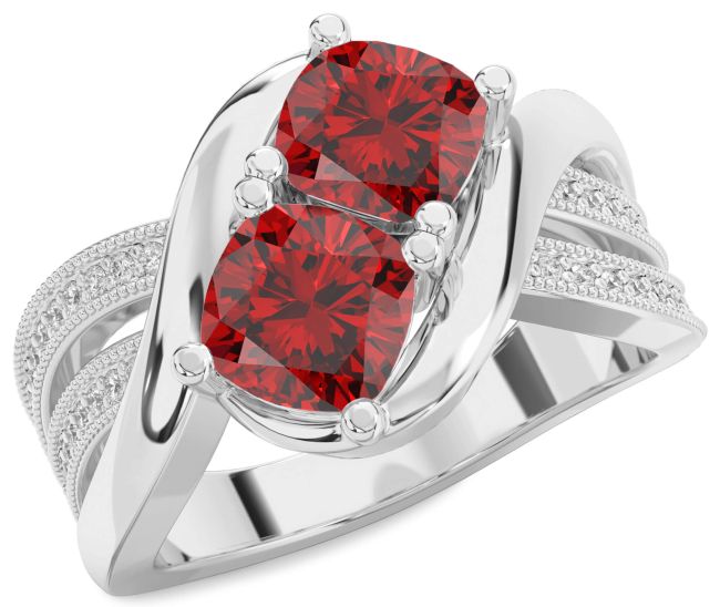 Diamond Ruby Silver Cushion Two Stone Birthstone Ring