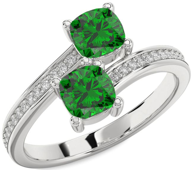Diamond Emerald Silver Cushion Two Stone Birthstone Ring