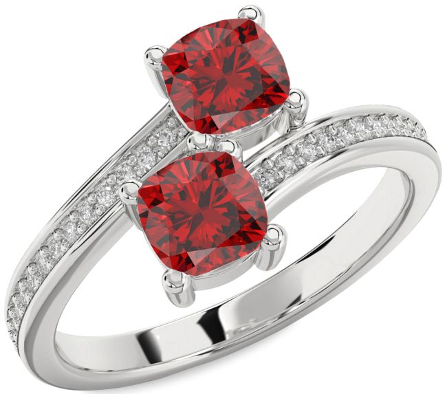 Diamond Ruby Platinum Cushion Two Stone Birthstone Ring
