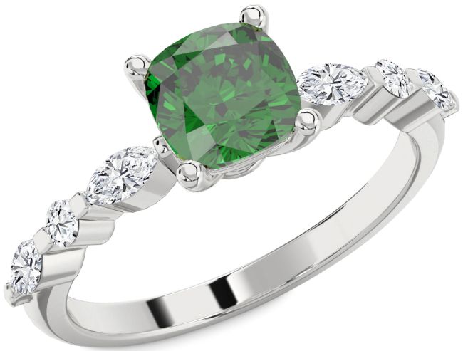 Diamond Emerald Silver Cushion Engagement Ring