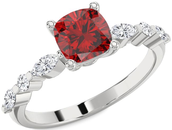 Diamond Ruby Silver Cushion Engagement Ring