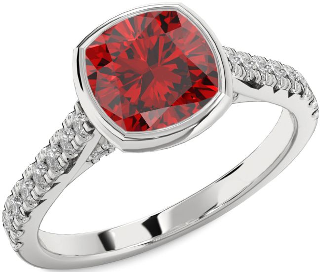 Diamond Ruby Silver Cushion Solitaire Pave Engagement Ring