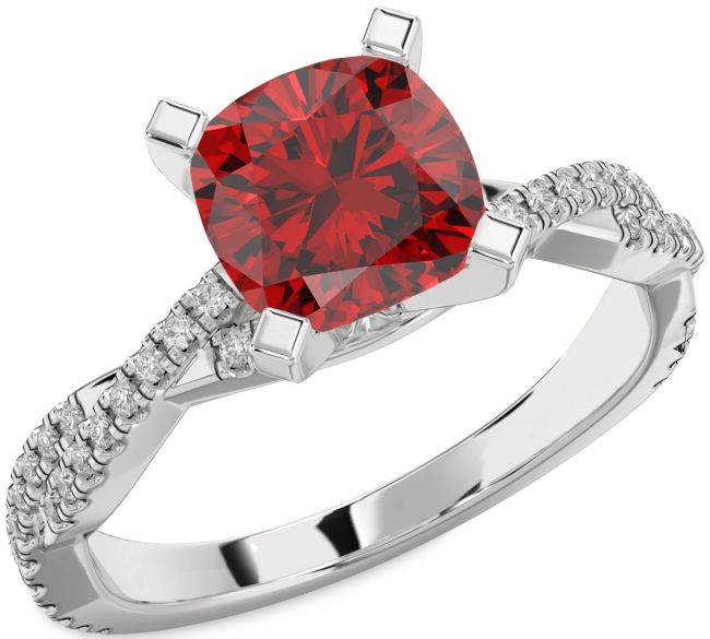 Diamond Ruby Silver Cushion Solitaire Pave Engagement Ring