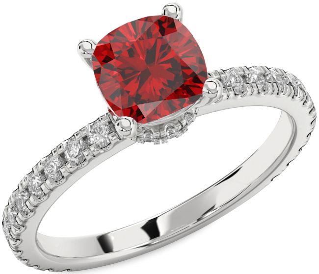 Diamond Ruby Silver Cushion Solitaire Pave Engagement Ring