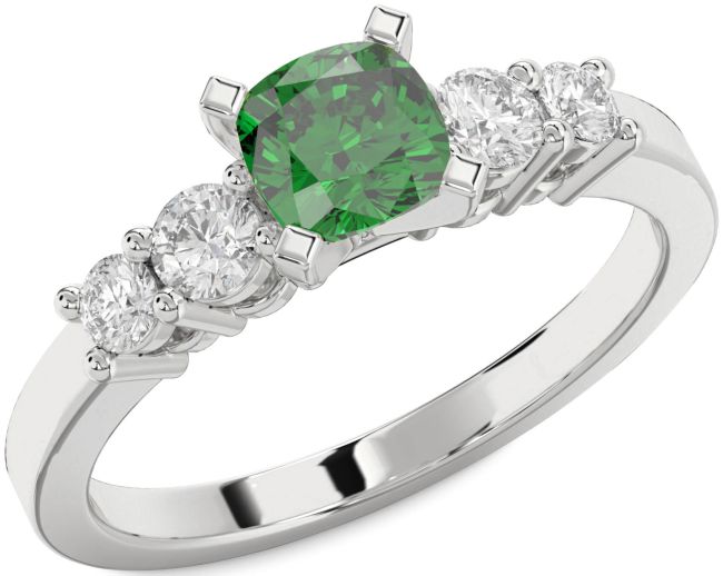 Diamond Emerald Silver Cushion Engagement Ring