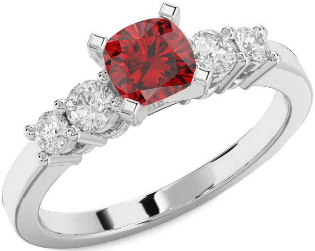 Diamond Ruby Silver Cushion Engagement Ring