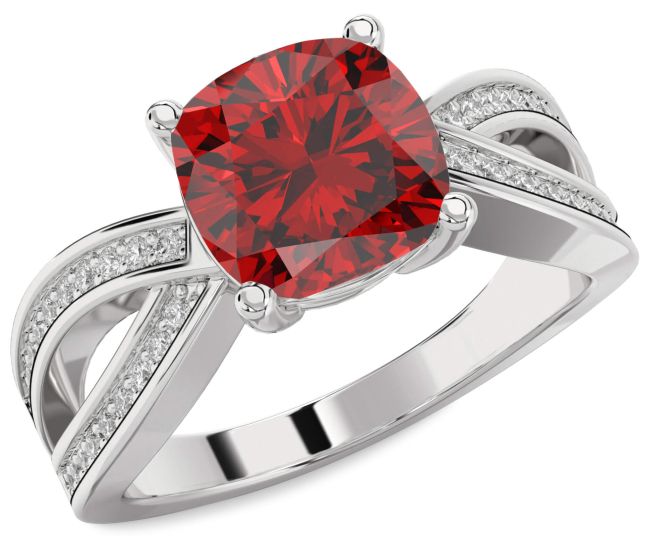 Diamond Ruby Silver Infinity Cushion Solitaire Pave Engagement Ring