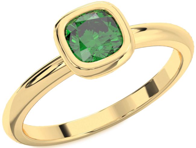 Emerald Gold Silver Cushion Solitaire Engagement Ring