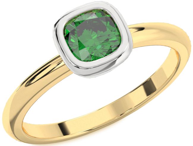 Emerald Gold Silver Cushion Solitaire Engagement Ring