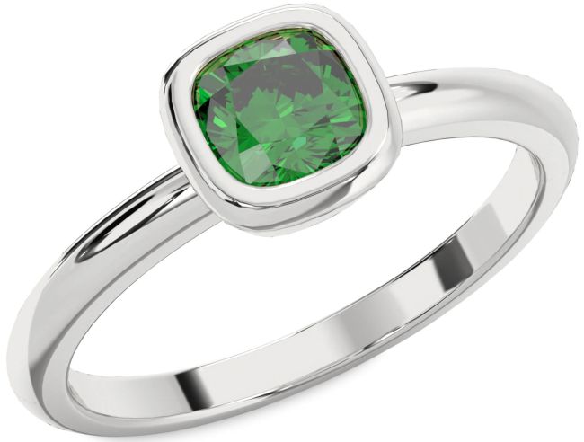 Emerald Silver Cushion Solitaire Engagement Ring
