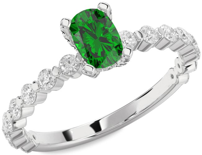 Diamond Emerald Silver Cushion Engagement Ring