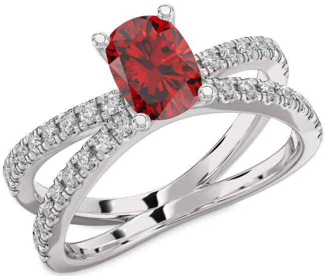 Diamond Ruby Silver Cushion Solitaire Pave Engagement Ring