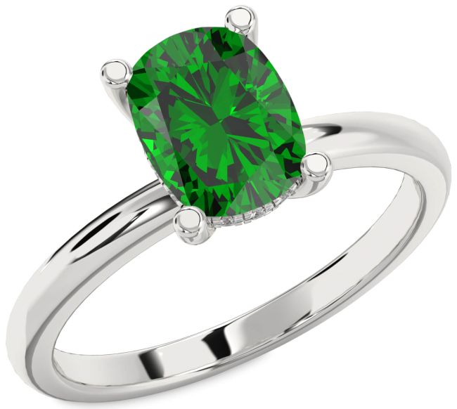Diamond Emerald Silver Cushion Solitaire Engagement Ring