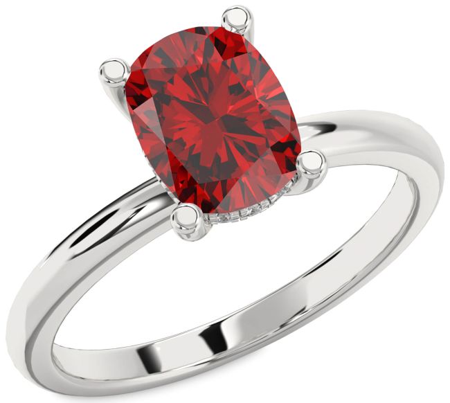 Diamond Ruby Silver Cushion Solitaire Engagement Ring