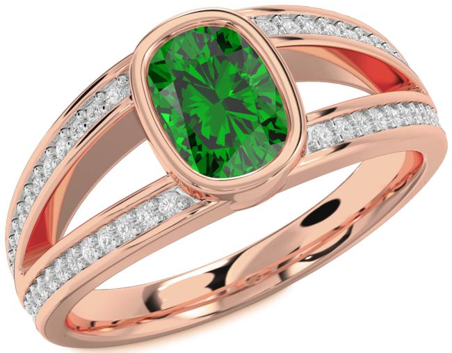 Diamond Emerald Rose Gold Cushion Rectangular Solitaire Pave Engagement Ring