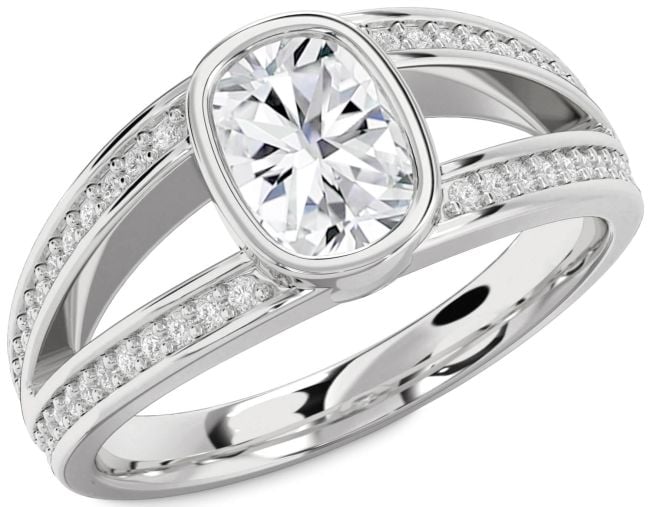 Diamond Silver Cushion Rectangular Solitaire Pave Engagement Ring