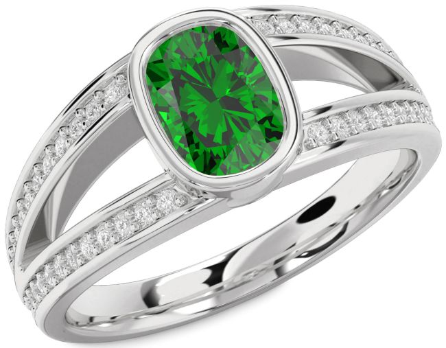 Diamond Emerald Platinum Cushion Rectangular Solitaire Pave Engagement Ring