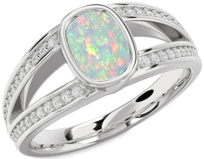 Diamond Opal Silver Cushion Rectangular Solitaire Pave Engagement Ring