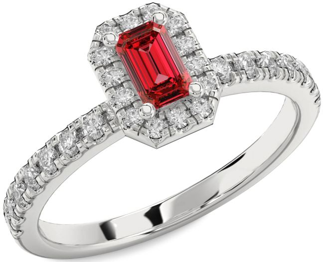 Diamond Ruby Silver Halo Ruby Cut Pave Engagement Ring