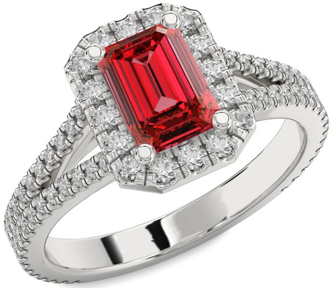 Diamond Ruby Silver Halo Ruby Cut Pave Engagement Ring