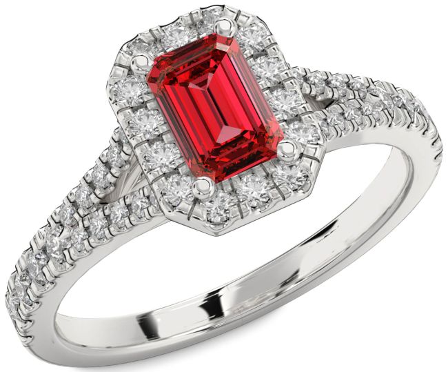 Diamond Ruby Silver Halo Ruby Cut Pave Engagement Ring