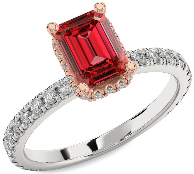 Diamond Ruby Rose Gold Silver Ruby Cut Solitaire Pave Engagement Ring