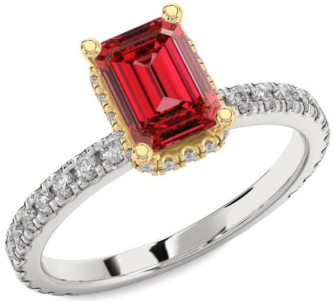 Diamond Ruby Gold Silver Ruby Cut Solitaire Pave Engagement Ring