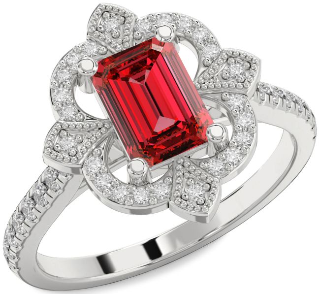 Diamond Ruby Silver Ruby Cut Vintage Pave Engagement Ring