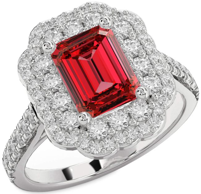 Diamond Ruby Platinum Halo Ruby Cut Pave Engagement Ring