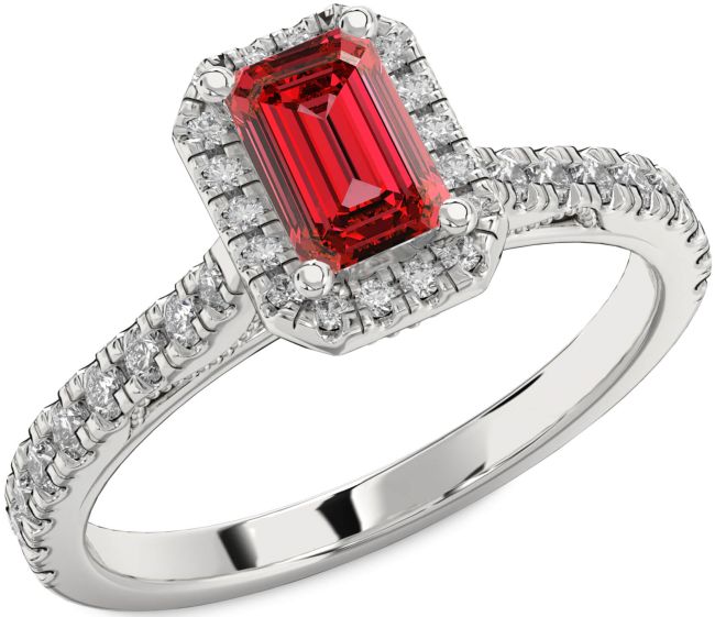 Diamond Ruby Platinum Halo Ruby Cut Pave Engagement Ring
