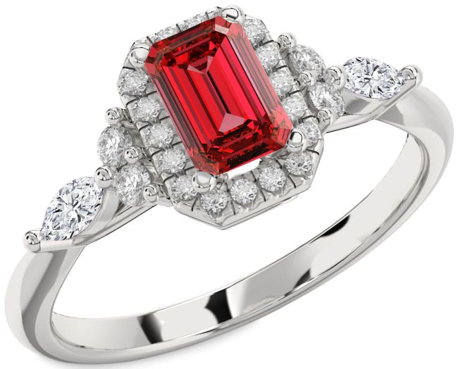 Diamond Ruby Platinum Halo Ruby Cut Engagement Ring