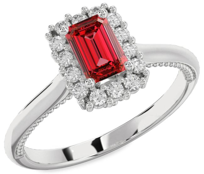 Diamond Ruby Platinum Halo Ruby Cut Engagement Ring