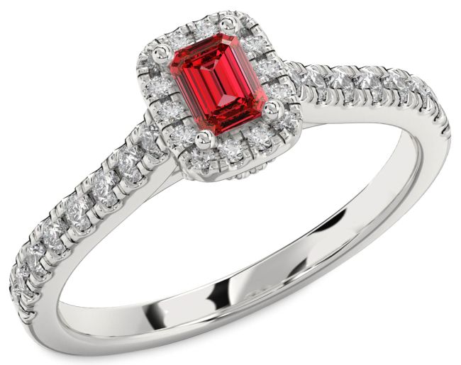 Diamond Ruby Silver Halo Ruby Cut Pave Engagement Ring