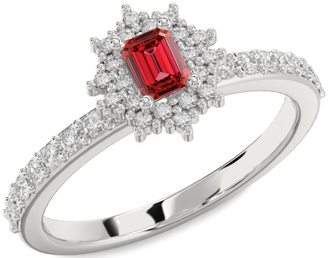 Diamond Ruby Silver Halo Ruby Cut Pave Engagement Ring