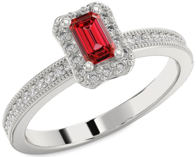 Diamond Ruby Silver Halo Ruby Cut Pave Engagement Ring