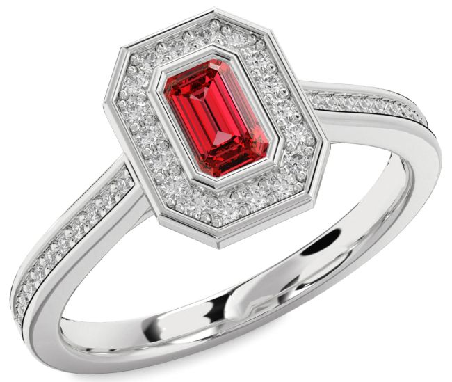 Diamond Ruby Silver Halo Ruby Cut Pave Engagement Ring