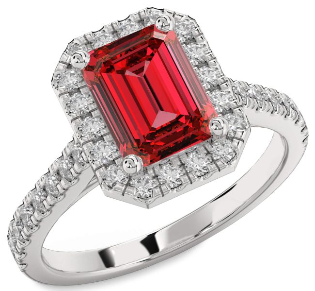 Diamond Ruby Silver Halo Ruby Cut Pave Engagement Ring