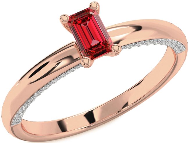 Diamond Ruby Rose Gold Silver Ruby Cut Solitaire Pave Engagement Ring