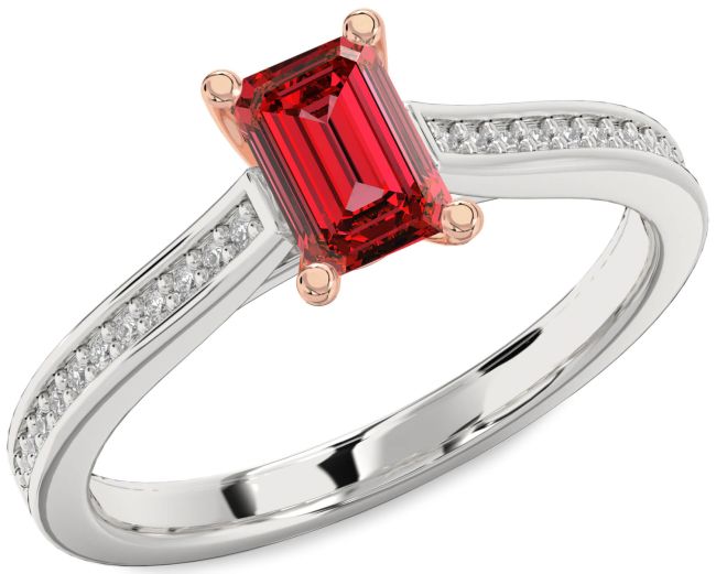 Diamond Ruby Platinum & Rose Gold Ruby Cut Solitaire Pave Engagement Ring