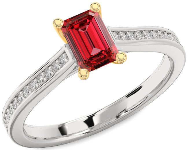 Diamond Ruby Gold Silver Ruby Cut Solitaire Pave Engagement Ring